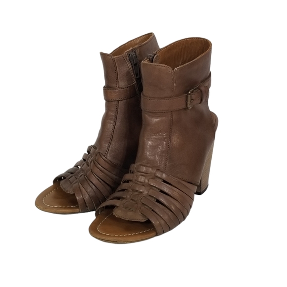 Fabianelli Italian Leather Woven Open Toe Ankle Booties Stacked Heel Size 6.5 - Picture 7 of 8